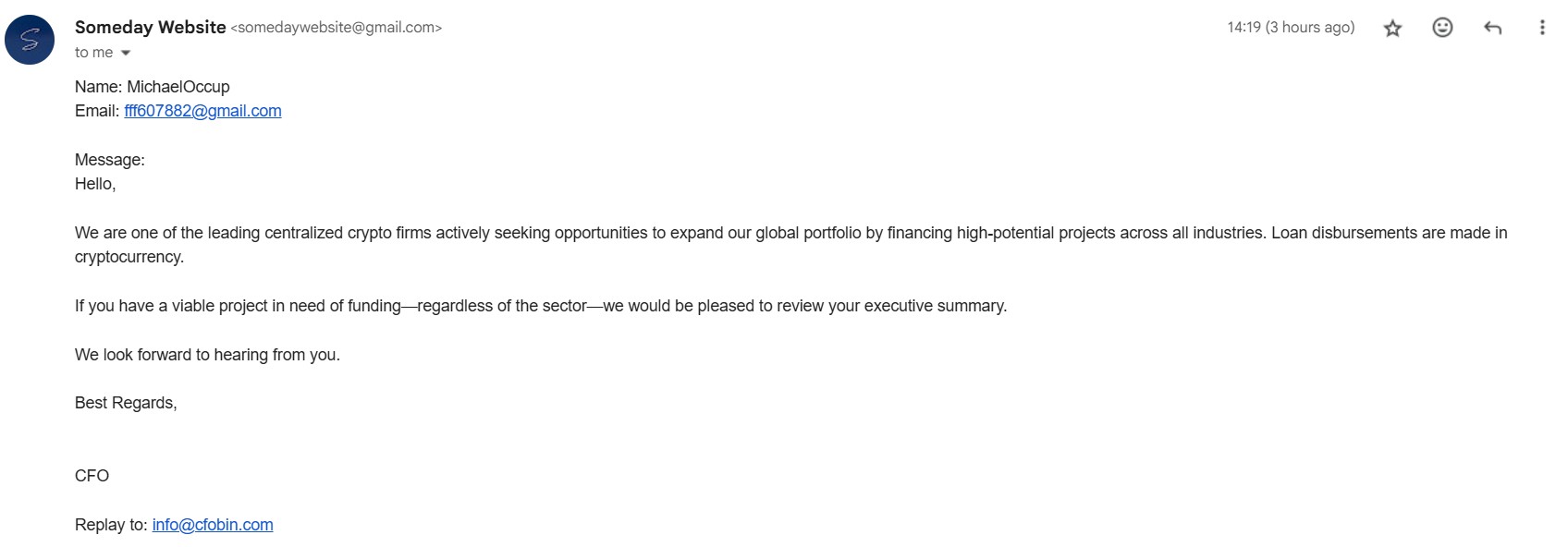 A screenshot of a scam email offering a crypto loan.