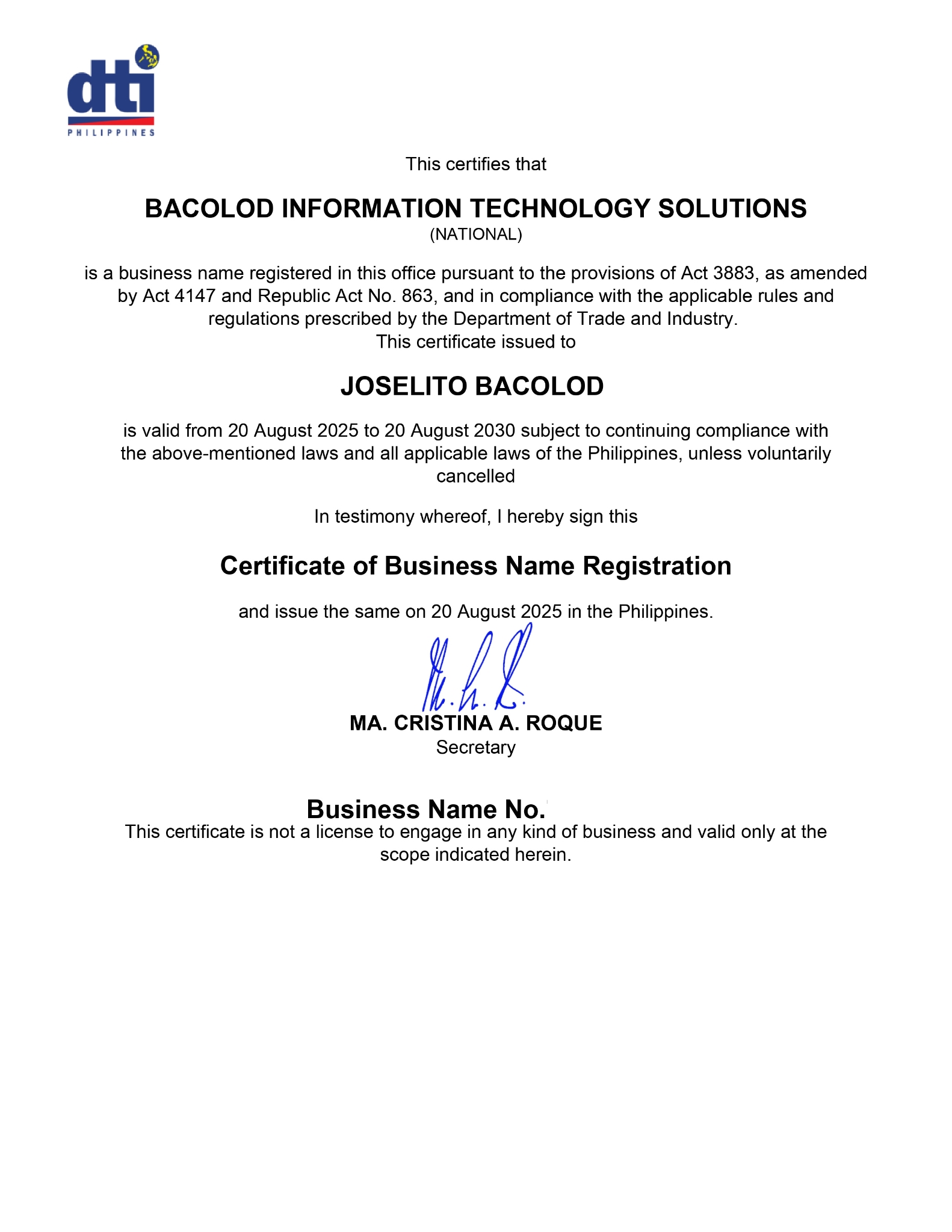 DTI Certificate