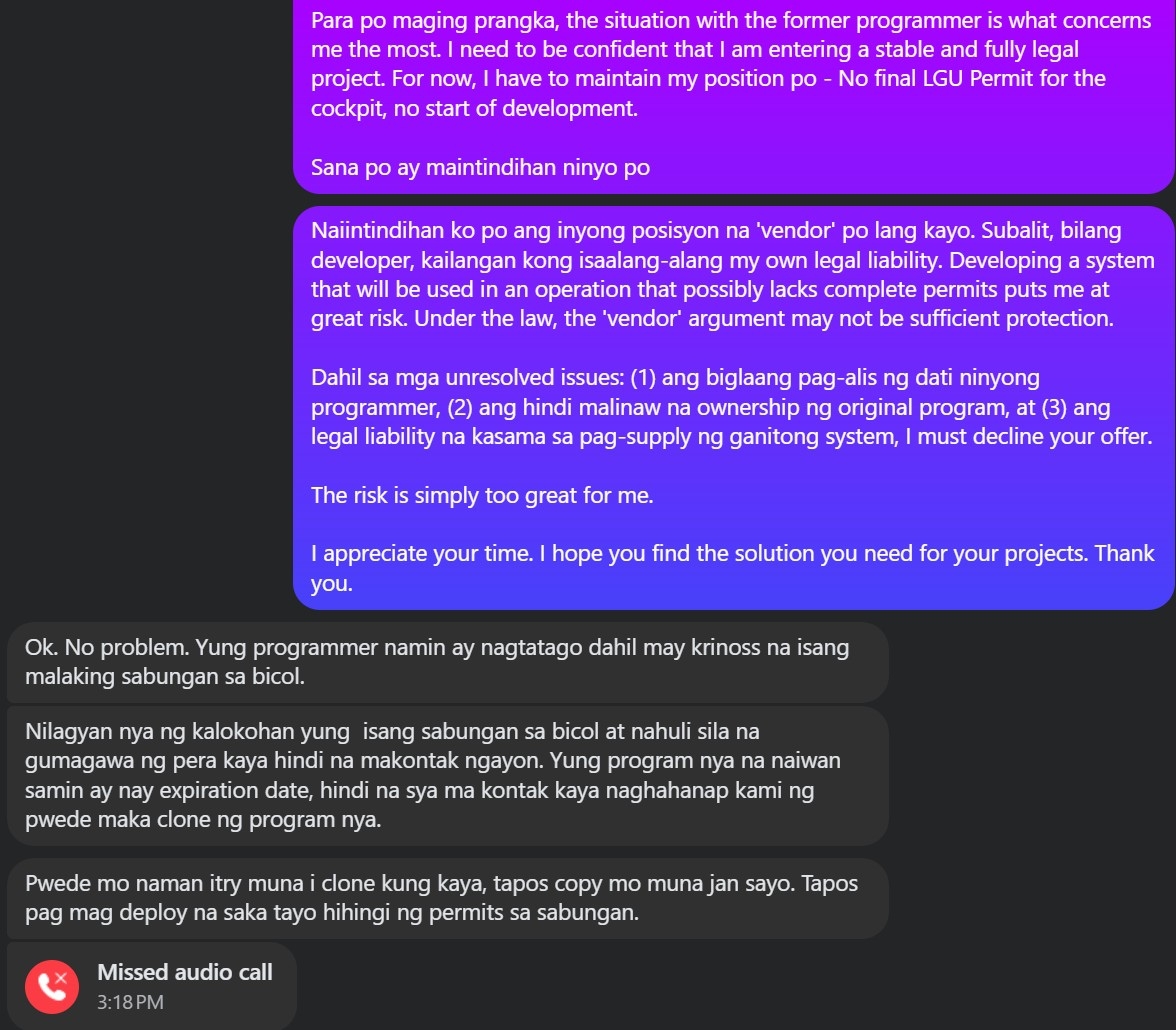 Screenshot of the client's confession